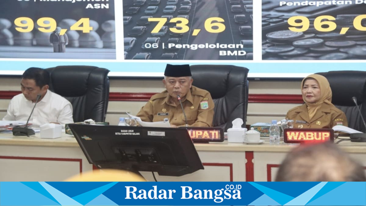 Bupati Malang Sanusi memimpin rapat evaluasi capaian MCP dan pelayanan publik di Ruang Rapat Anusapati, Kabupaten Malang, Senin (3/8/2026). (Foto Dok Ho/RadarBangsa.co.id).