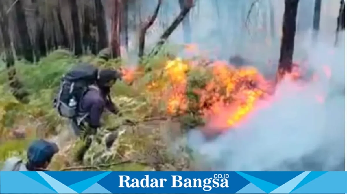 Petugas gabungan melakukan penanganan kebakaran hutan dan lahan di kawasan Gunung Arjuno melalui jalur Tretes, Prigen, Pasuruan, Kamis (20/8/2026). (Foto Dok Ho/RadarBangsa.co.id)