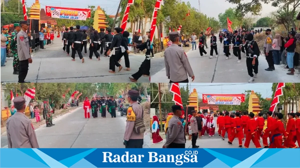 Karang Taruna Laren bersama IPSI dan sejumlah perguruan silat mengikuti Lomba Gerak Jalan dalam rangka memeriahkan HUT RI ke-81 di Kecamatan Laren, Lamongan, Sabtu (15/8/2026). (Foto Dok Ho/RadarBangsa.co.id)