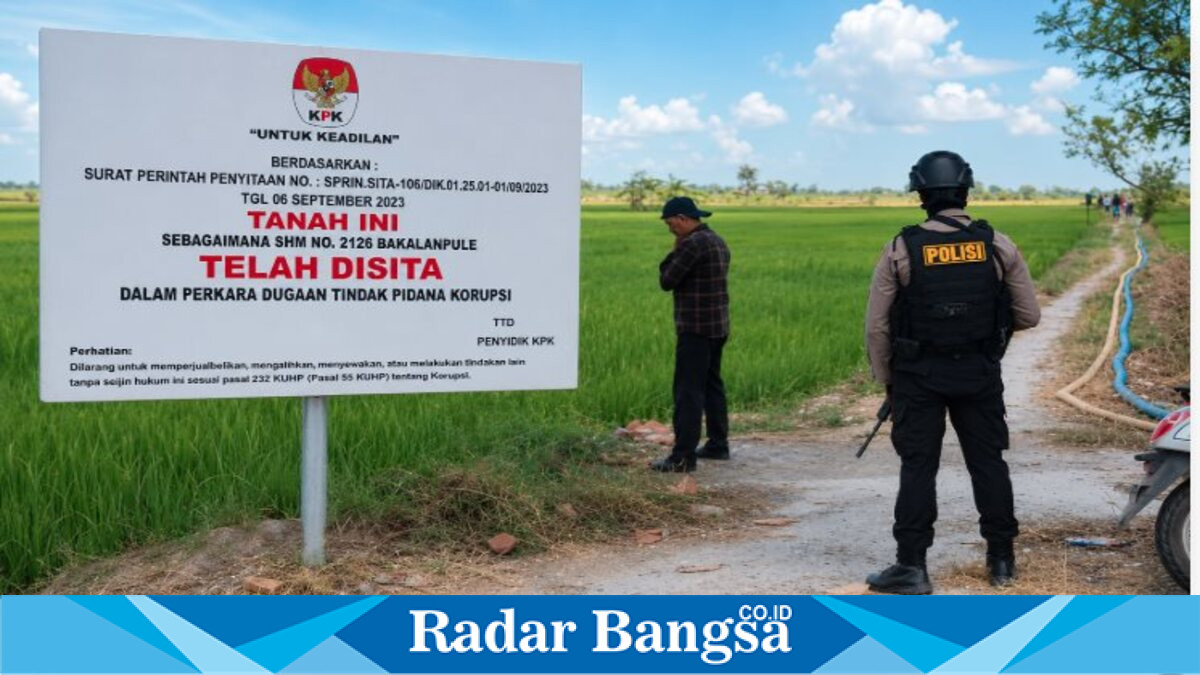 Penyidik KPK dan warga berada di lokasi tanah yang diduga disita terkait perkara korupsi pembangunan Gedung Pemkab Lamongan di Desa Puter, Kecamatan Kembangbahu, Kamis (6/8/2026). (Foto Dok Ho/RadarBangsa.co.id)