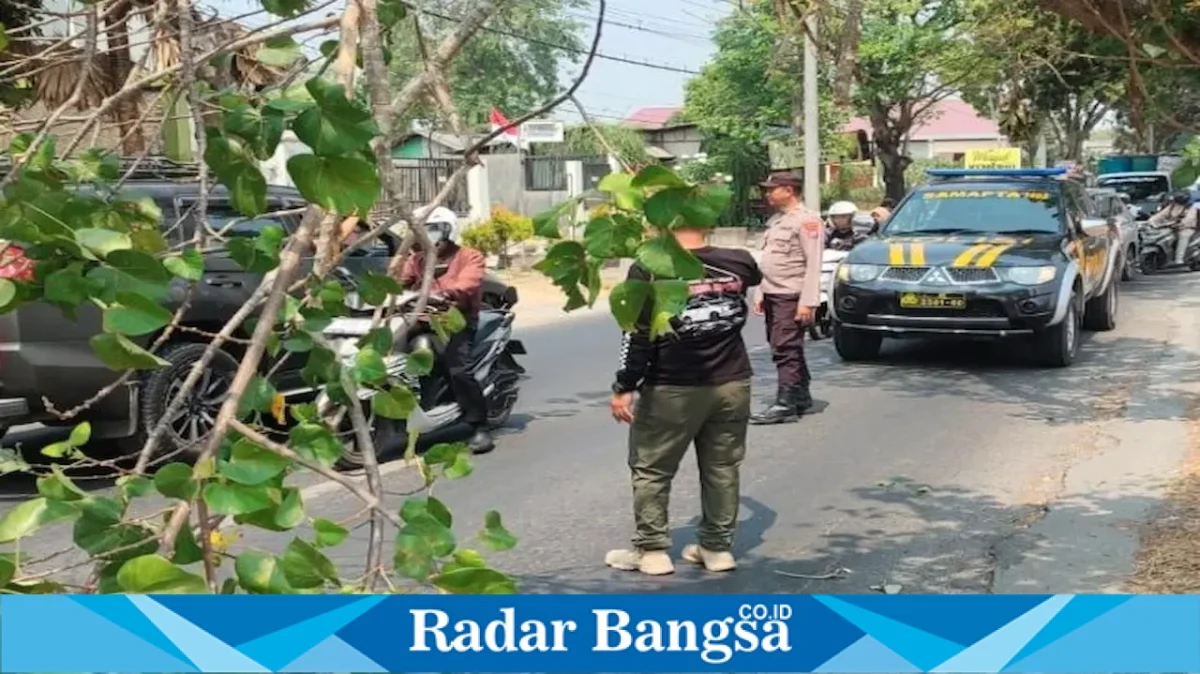 Petugas Polsek Tikung bersama Pamapta Polres Lamongan dan Satpol PP saat memotong pohon waru yang berpotensi tumbang di Jalan Raya Embong Joto, Desa Jotosanur, Kecamatan Tikung, Lamongan, Jumat (14/8/2026). (Foto Dok Ho/RadarBangsa.co.id)