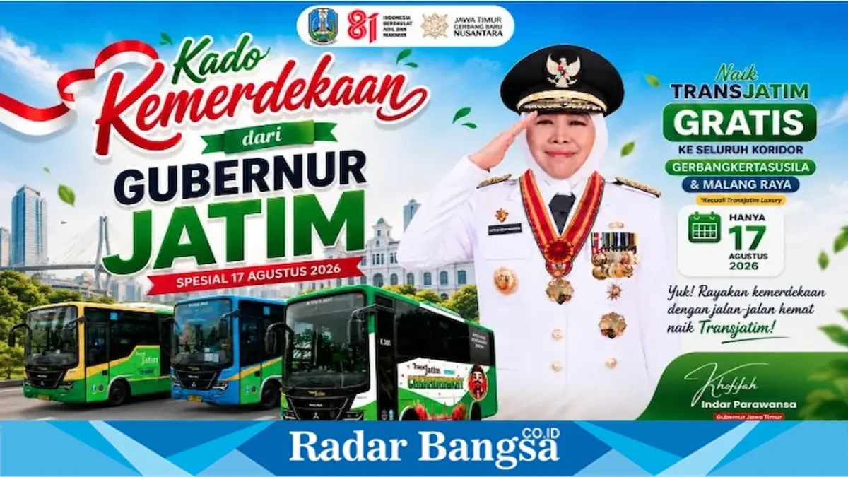 Gubernur Jawa Timur Khofifah Indar Parawansa saat menyampaikan layanan gratis Trans Jatim pada 17 Agustus 2026 di Surabaya, Sabtu (15/8). (Foto Dok Ho/RadarBangsa.co.id)