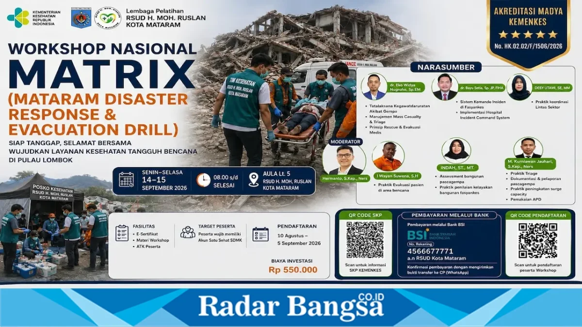 Poster Workshop Nasional MATRIX RSUD H. Moh. Ruslan Kota Mataram yang dijadwalkan berlangsung 14–15 September 2026 di Aula Lantai 5 RSUD H. Moh. Ruslan Kota Mataram. (Foto Dok Ho/RadarBangsa.co.id)