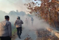 Petugas Polsek Lamongan Kota bersama Damkar memadamkan kebakaran lahan di Desa Tanjung, Senin (7/9/2026). (Foto Dok Ho/RadarBangsa.co.id)