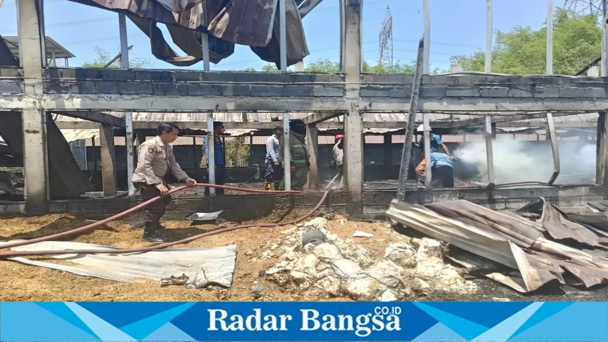 Petugas bersama warga memadamkan kebakaran kandang ayam di Desa Rumpuk, Kecamatan Mantup, Lamongan, Selasa (15/9/2026). (Dok. Ho/RadarBangsa.co.id)