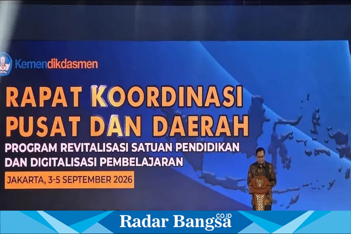 Mendikdasmen Abdul Mu’ti saat Rapat Koordinasi Pusat dan Daerah Program Revitalisasi Satuan Pendidikan dan Digitalisasi Pendidikan Tahun 2026 di Jakarta, Jumat (4/9). (Foto Dok Ho/RadarBangsa.co.id)