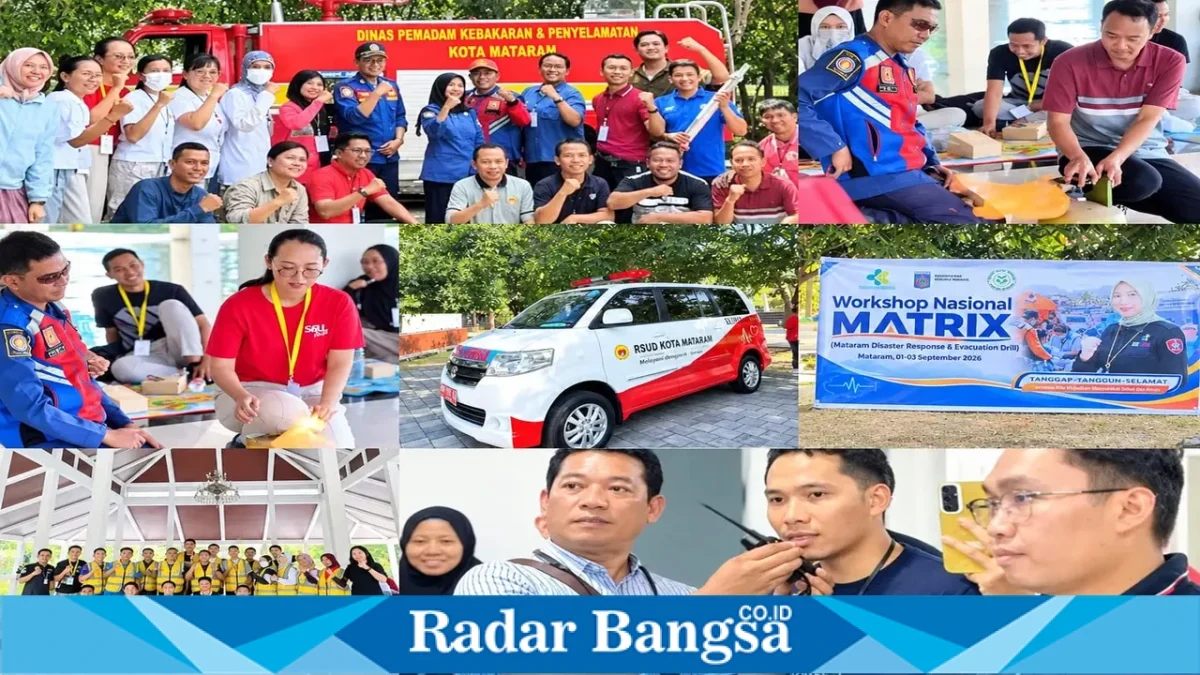 Peserta Workshop Nasional MATRIX mengikuti simulasi tanggap darurat bencana di RTH Pagutan dan RSUD H. Moh. Ruslan Kota Mataram, Selasa (15/9/2026). (Dok. Ho/RadarBangsa.co.id)