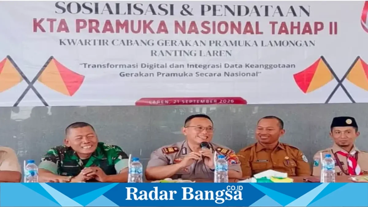 Kapolsek Laren AKP Anang Purwo Widodo saat menghadiri sosialisasi KTA Pramuka Nasional Tahap II di Pendopo Kecamatan Laren, Senin (21/9/2026). (Dok. Ho/RadarBangsa.co.id)