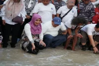 Lia Istifhama saat mengikuti pelepasliaran tukik di kawasan Wisata Alam Pantai Tanjung Penyu, Kabupaten Malang, Sabtu (26/9/2026). (Dok. Ho/RadarBangsa.co.id)