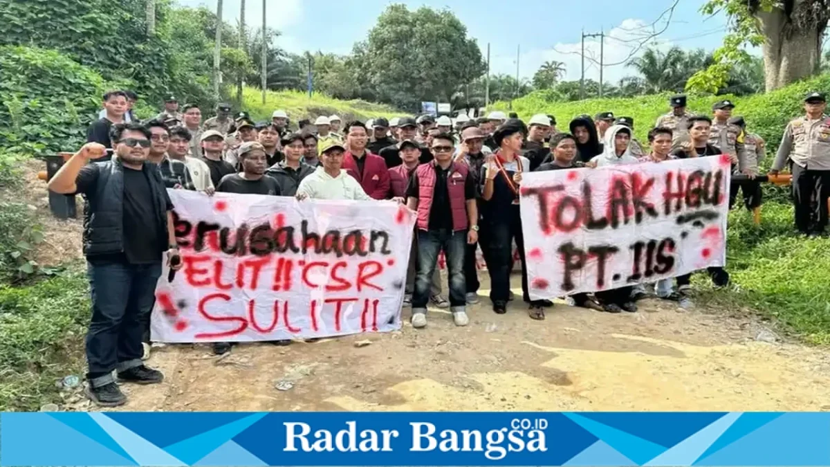 Aktivis Nusantara Tunas Bangsa menyampaikan tuntutan dalam aksi demonstrasi terhadap PT IIS Eko II di Kabupaten Pelalawan, Riau. (Dok. Foto Ho/RadarBangsa.co.id)