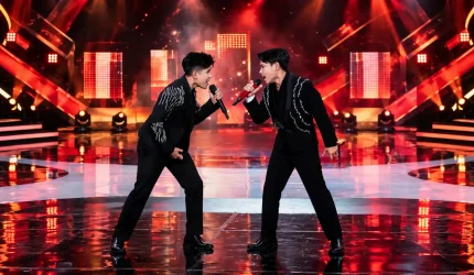 Valen dan Azio Deli Serdang bernyanyi bersama membawakan lagu “Mahal” di panggung Top 12 Malam Kedua Show.