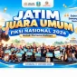 Gubernur Jawa Timur Khofifah Indar Parawansa bersama para peserta FIKSI Nasional 2026 dalam perayaan keberhasilan Jawa Timur meraih gelar juara umum di Surabaya, 17 Oktober 2026. (Dok. Ho/RadarBangsa.co.id)