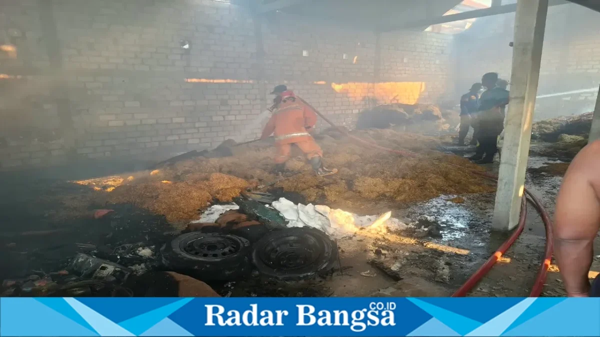 Petugas saat memadamkan kebakaran gudang tembakau di Desa Ganggangtingan, Ngimbang, Lamongan, Rabu (30/9/2026). (Dok. Ho/RadarBangsa.co.id)