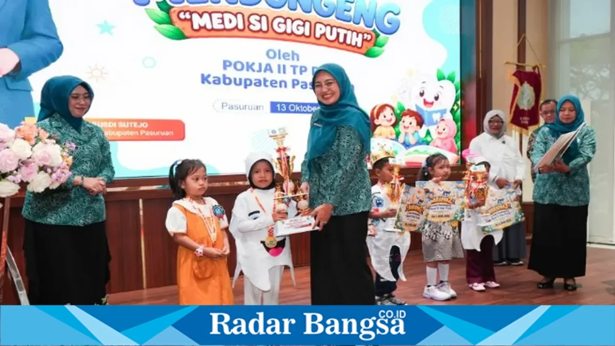 Lomba Mendongeng “Medi si Gigi Putih” yang diikuti 24 anak perwakilan seluruh kecamatan di Auditorium Mpu Sindok, Kompleks Kantor Bupati Pasuruan, Selasa (13/10/2026). (Dok. Ho/RadarBangsa.co.id)